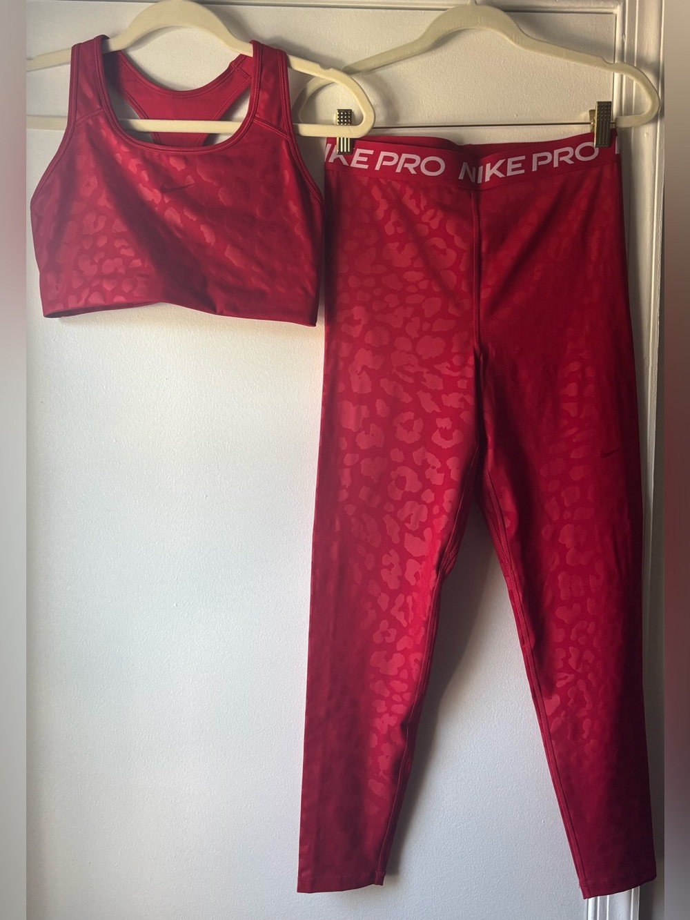 EUC Nike Pro Women’s Red Leopard-Print Leggings and Sports Bra Set Size M